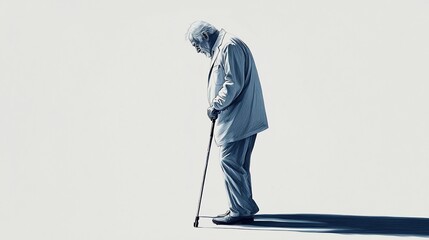 Lonely elderly man walking with a cane