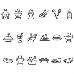 BBQ & Picnic Essentials Monochrome Icon Grid Featuring Grills, Skewers, Tableware, Summer Treats, and Gathering Scenes for Outdoor Dining