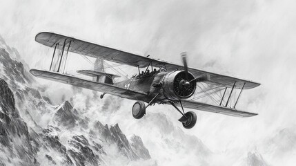 Vintage biplane soaring over majestic mountains