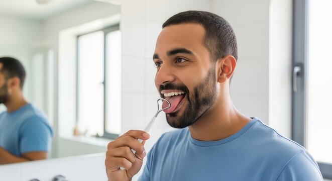 Young Man Cleaning Tongue in Bathroom for Oral Hygiene
