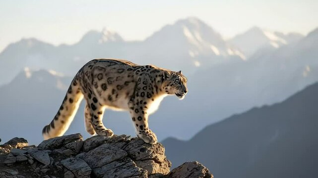 A majestic snow leopard confidently walks along a rocky outcrop, surveying its mountainous domain.