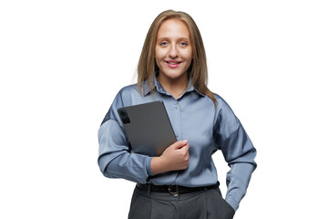 Confident woman holding tablet, showcasing modern workplace style in a transparent background
