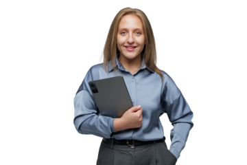 Confident woman holding tablet, showcasing modern workplace style in a transparent background