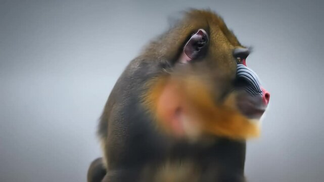 Portrait of a mandrill monkey with colorful face and fur, looking to the right.