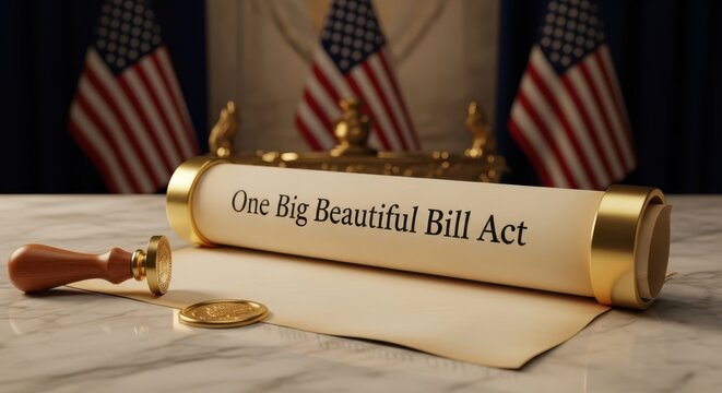 A rolled up bill with the text one big beautiful bill act sits on a desk with an official seal and stamp, with american flags in the background