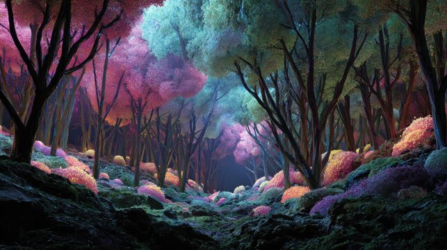 Abstract tech forest with glowing plants, innovation, imagination