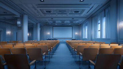 Serene conference venue showcasing symmetrical seating arrangement awaiting attendees presentations in an elegant and