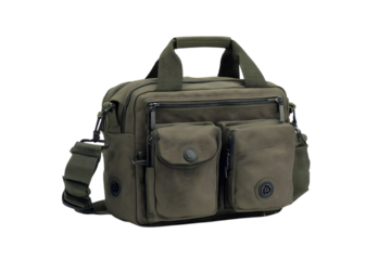 Green canvas shoulder bag with multiple pockets.