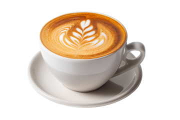 Top view of latte art coffee cup in white ceramic isolated on transparent background