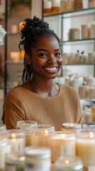 Smiling woman surrounded by candles in a cozy shop during daylight hours