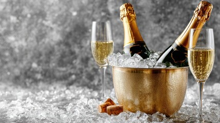 Two champagne bottles in ice bucket with glasses