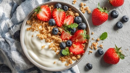 Yogurt parfait with granola, berries, and mint