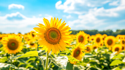 Fototapeta premium Vibrant sunflower field in full bloom under a bright blue sky with fluffy white clouds
