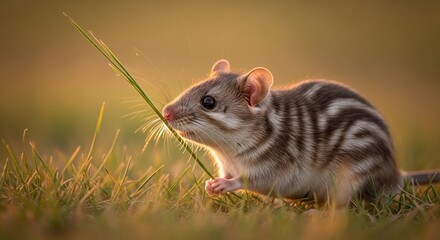 Obraz premium Striped Grass Mouse Portrait: Golden Hour Glow in Natural Habitat