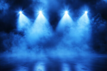 Dramatic blue stage lights with smoke creating an atmosphere for performance and entertainment