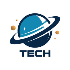 Futuristic planet tech logo with orbiting moons and star