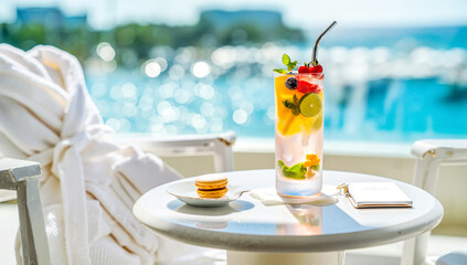 Luxury Resort Vacation: Tropical Cocktail drink on table by pool outdoors, showing relaxation, lifestyle in sunny setting. Luxury Vacation concept.