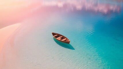 Pink Boat on Turquoise Water and Pink Sandbar Aerial View