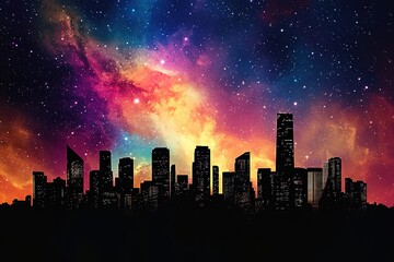 Obraz premium cityskyline in silhouette with vibrant galaxy background