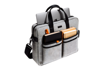 Modern stylish grey briefcase with laptop, notebook and other office supplies.