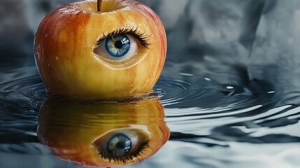 A surreal photo of an apple with an eye floating on water reflecting the beauty below.