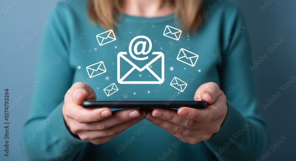 Poster a person holds a smartphone displaying an email icon surrounded by smaller envelope icons