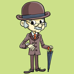 grandfather in a brown suit with an umbrella shows us the time on his wrist watch