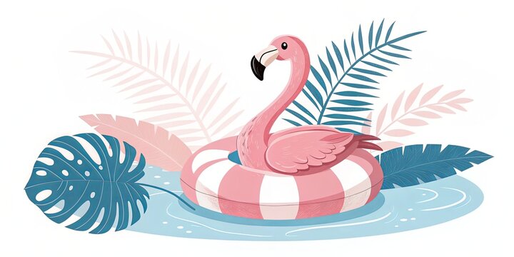 Tropical flamingo float with palm leaves
