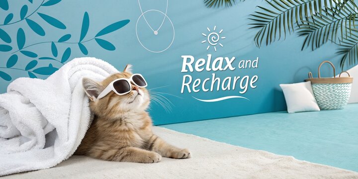 Content cat in spa towel and sunglasses relaxes by a luxury pool, with palm decor and relaxing text overlay.
