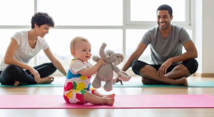 A family doing yoga with a baby playing with an elephant stuffed animal on a pink yoga mat together