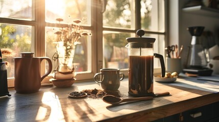 Golden Morning Coffee Brew: A French Press Still Life bathed in Sunlight and highlighting a Muted Color Palette, Creating a Cozy Vibe.