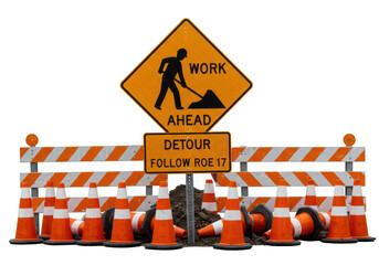 Road construction detour signs with traffic cones and barriers isolated on white background
