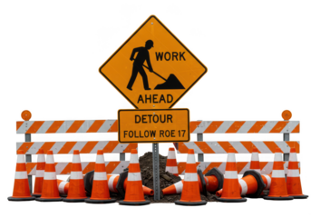 Road construction detour signs with traffic cones and barriers isolated on white background