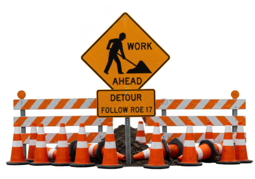 Road construction detour signs with traffic cones and barriers isolated on white background
