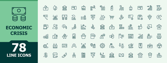 Set of Economic Crisis line icon. Economic outline icons pack. Minimalist linear icons. Bankruptcy icon set. Editable stroke. Vector collection.