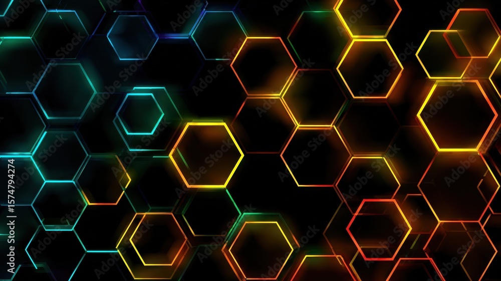 Poster vibrant neon hexagons pattern illuminated on a dark background with a futuristic and dynamic feel.