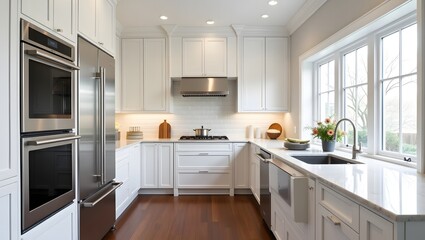 Fototapeta premium Modern White Kitchen with Stainless Steel Appliances