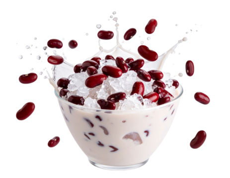 Firefly_Dynamic splash of a red bean iced dessert with glistening crushed ice, red beans flyi PNG