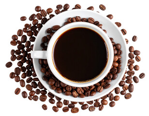 Fototapeta premium Top View White Coffee Cup Filled with Dark Brew Surrounded by Coffee Beans Isolated on Transparent Background PNG