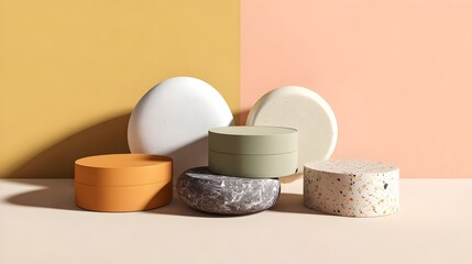 Minimal product mockups with empty cosmetic containers on pastel backgrounds and soft shadows.
Concept:Modern branding, minimal design, clean aesthetics, cosmetic mockups and creative presentations.