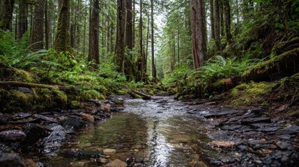 Obraz premium Lush green forest with a stream flowing through it