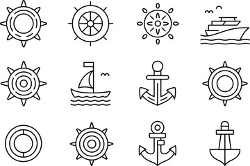Vector nautical line icons: ships, anchors, wheels, and more.
