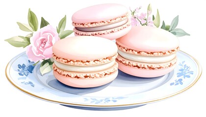 Pink Macarons on Floral Plate with Roses in Watercolor Art