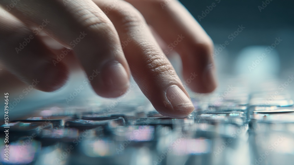 Poster close-up of a hand pressing a computer keyboard, with emphasis on tactile interaction. generative ai