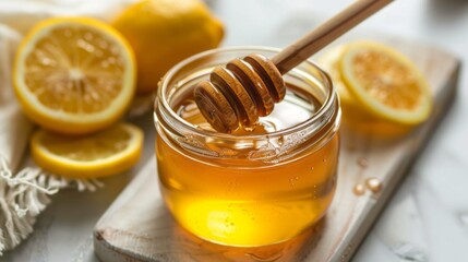 Golden Honey Jar with Wooden Dipper and Fresh Lemons on Rustic Board is a Refreshing Combination of Sweet and Sour