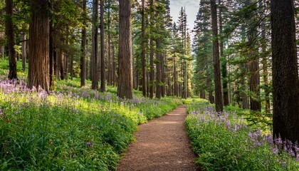 Fototapeta premium a serene forest trail bordered by tall trees and patches of blooming wildflowers