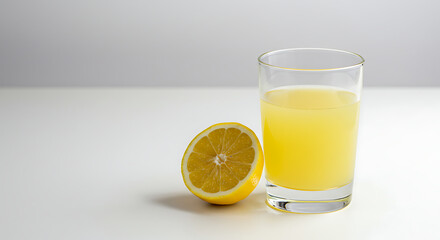 A vibrant composition showcases a refreshing glass of citrus juice alongside a juicy lemon half, evoking a sense of health and rejuvenation. 