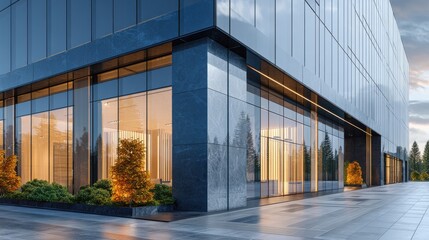 Facade view from outside of a modern office building with large glass windows.