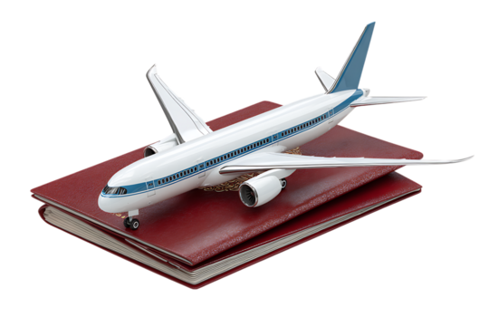 Airplane model on passport. Travel concept.