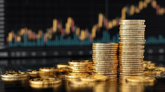 A stack of gold coins with stock market graphs in the background on a digital screen